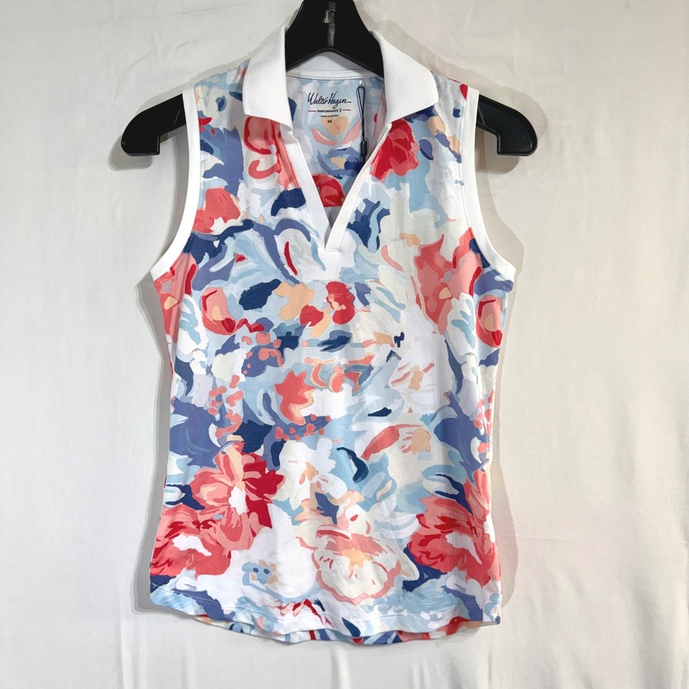 Walter Hagen Performance 11 Sleeveless Golf Polo XS White Gouache Floral Top NEW